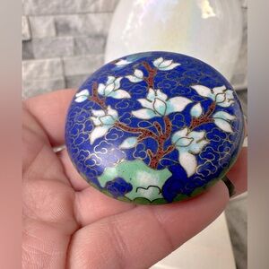 Vintage Blue Floral Cloisonne Trinket Floral Bird  Box with Gold Trim